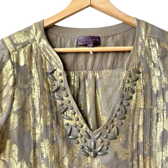 HALE BOB Top Silk Lurex Metallic Burnout Jewels V-neck Long Sleeve Blouse Size S - Picture 5 of 5
